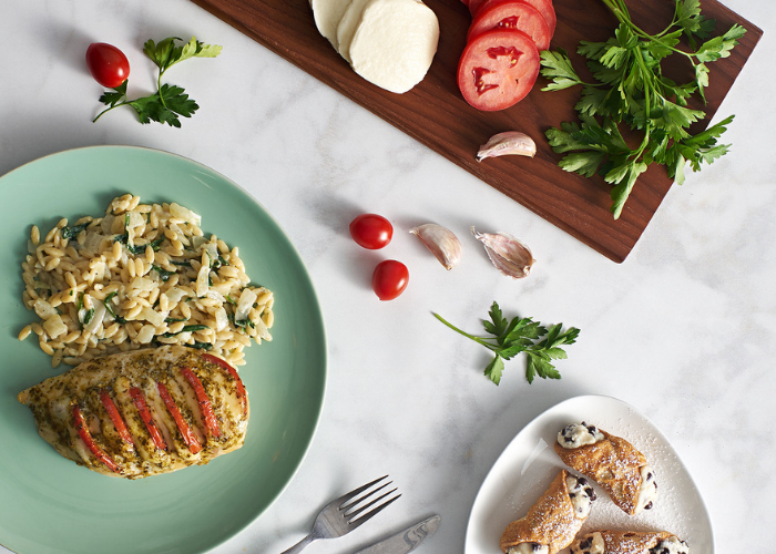 Caprese Hasselback Chicken with Parmesan & Spinach Orzo & Mini Cannoli Featured Image