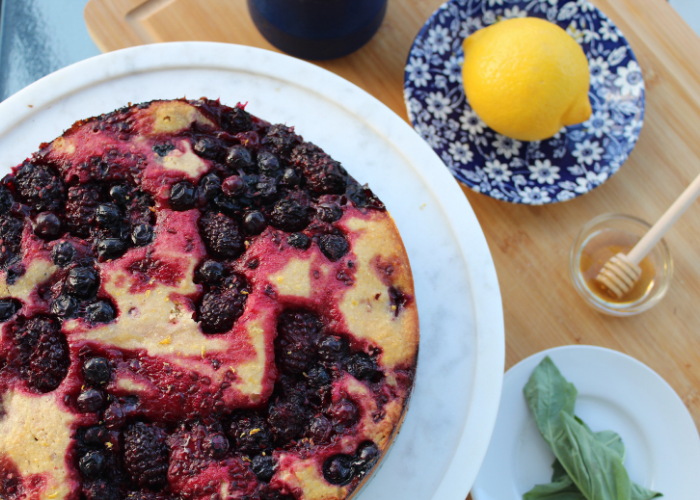 Crushed Berry Cornmeal Cake with Lemon Zest and Honey Featured Image