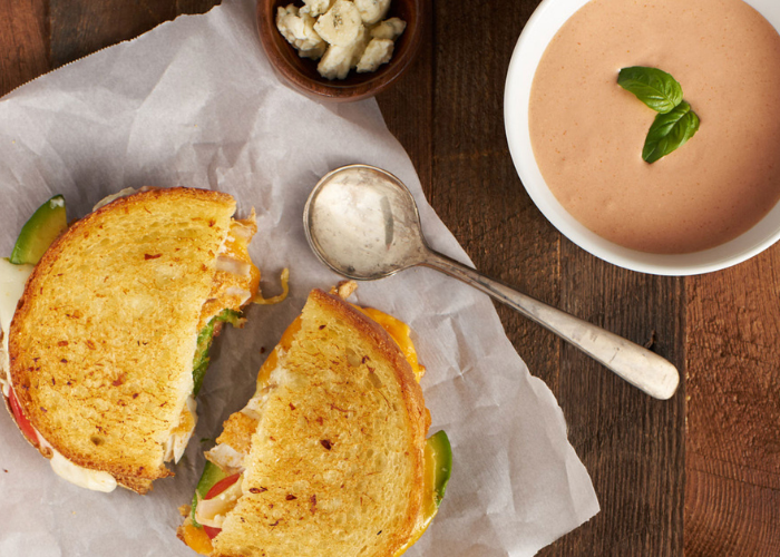 5-Cheese Baked Tilapia Grilled Cheese Sandwich with Creamy Tomato Basil Bisque Featured Image