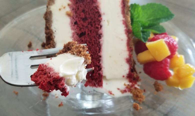 Red Velvet Ice Cream Cake with Mango and Raspberry Topping Featured Image